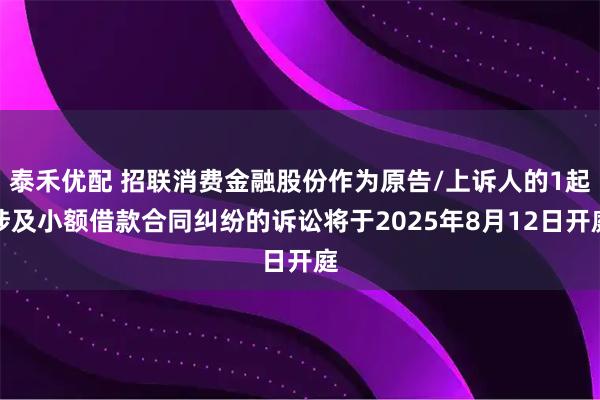 泰禾优配 招联消费金融股份作为原告/上诉人的1起涉及小额借款合同纠纷的诉讼将于2025年8月12日开庭